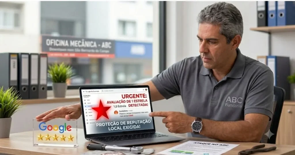 Dono de uma oficina de funilaria no ABC Paulista, com expressão de preocupação, apontando para avaliações falsas de 1 estrela na tela do notebook, com uma placa de 5 estrelas do Google sobre a mesa.