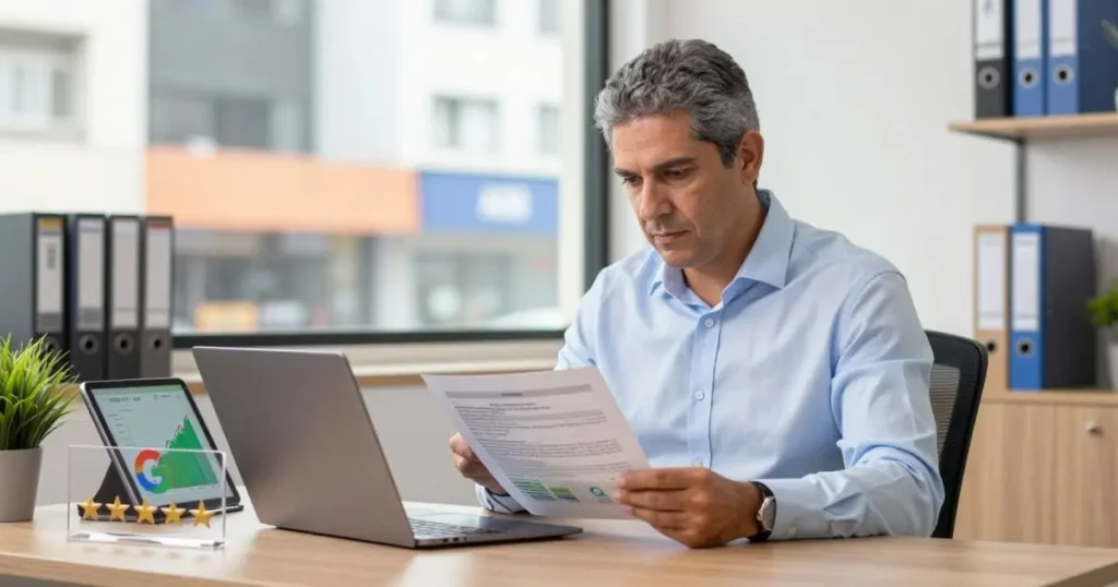 Empresário experiente analisando relatórios de crescimento e avaliações do Google Meu Negócio em seu escritório.