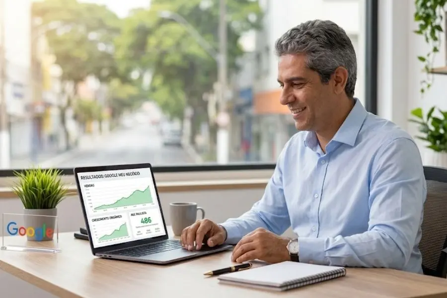 Dono de empresa analisando o painel de avaliações do Google Meu Negócio no computador.
