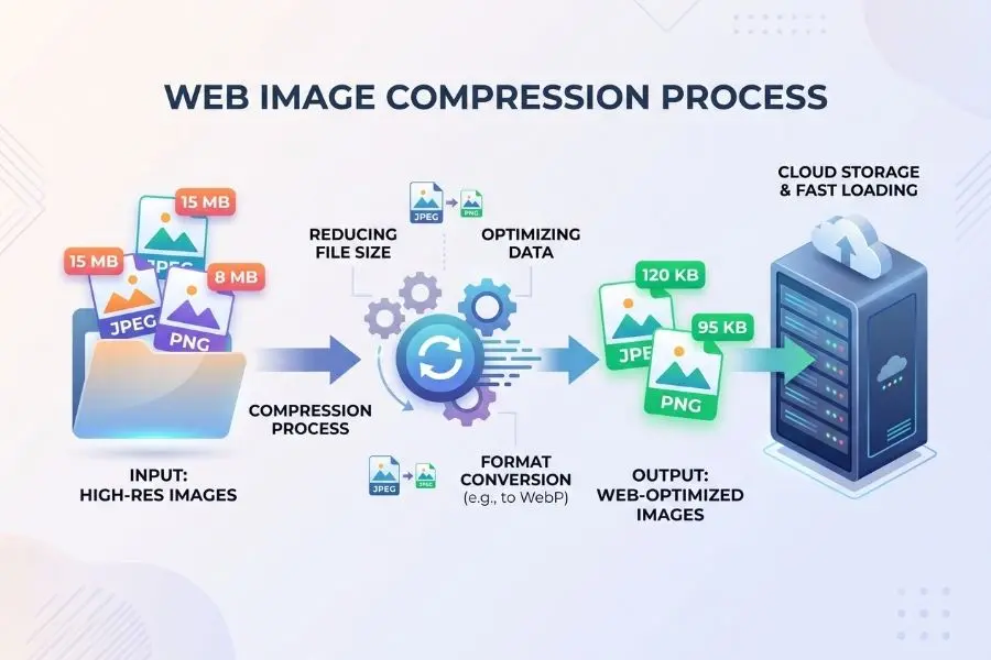 Infográfico visual mostrando compressão de imagens e servidor de hospedagem para otimizar a velocidade de carregamento
do site.